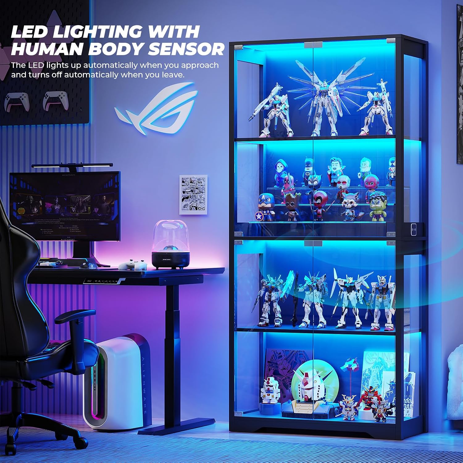Display cabinet with 3 color collectible lights and glass doors