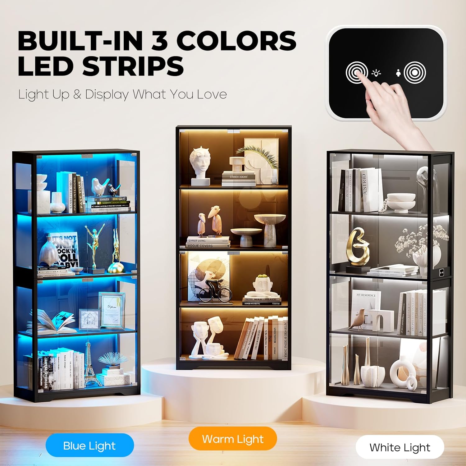 Display cabinet with 3 color collectible lights and glass doors