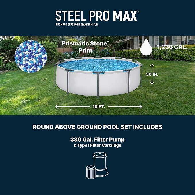 Summer Hot Seller💥Above-Ground Pool – Round Metal Frame Outdoor Pool Set (Includes Filter Pump, Ladder, and Pool Cover; Gray)
