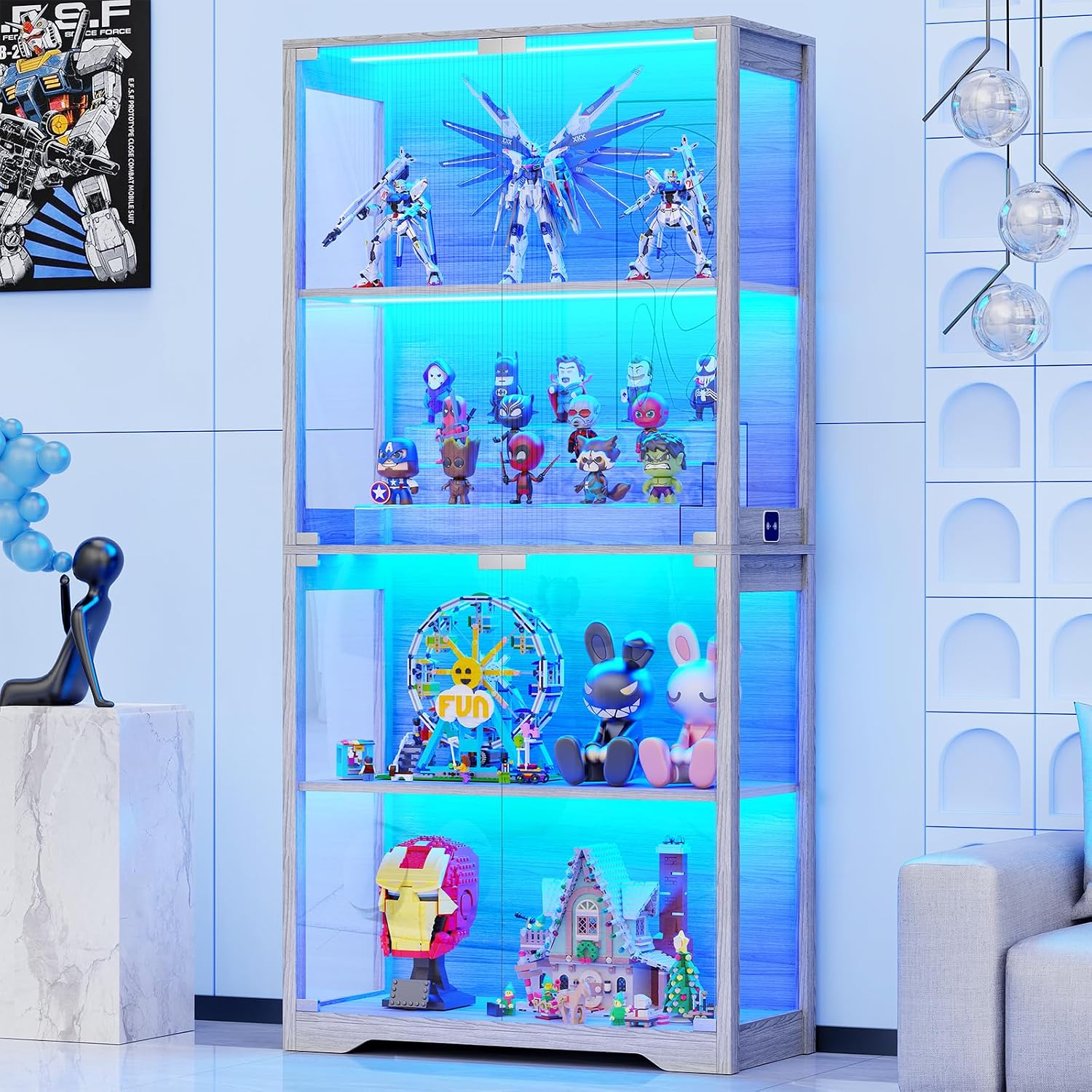 Display cabinet with 3 color collectible lights and glass doors