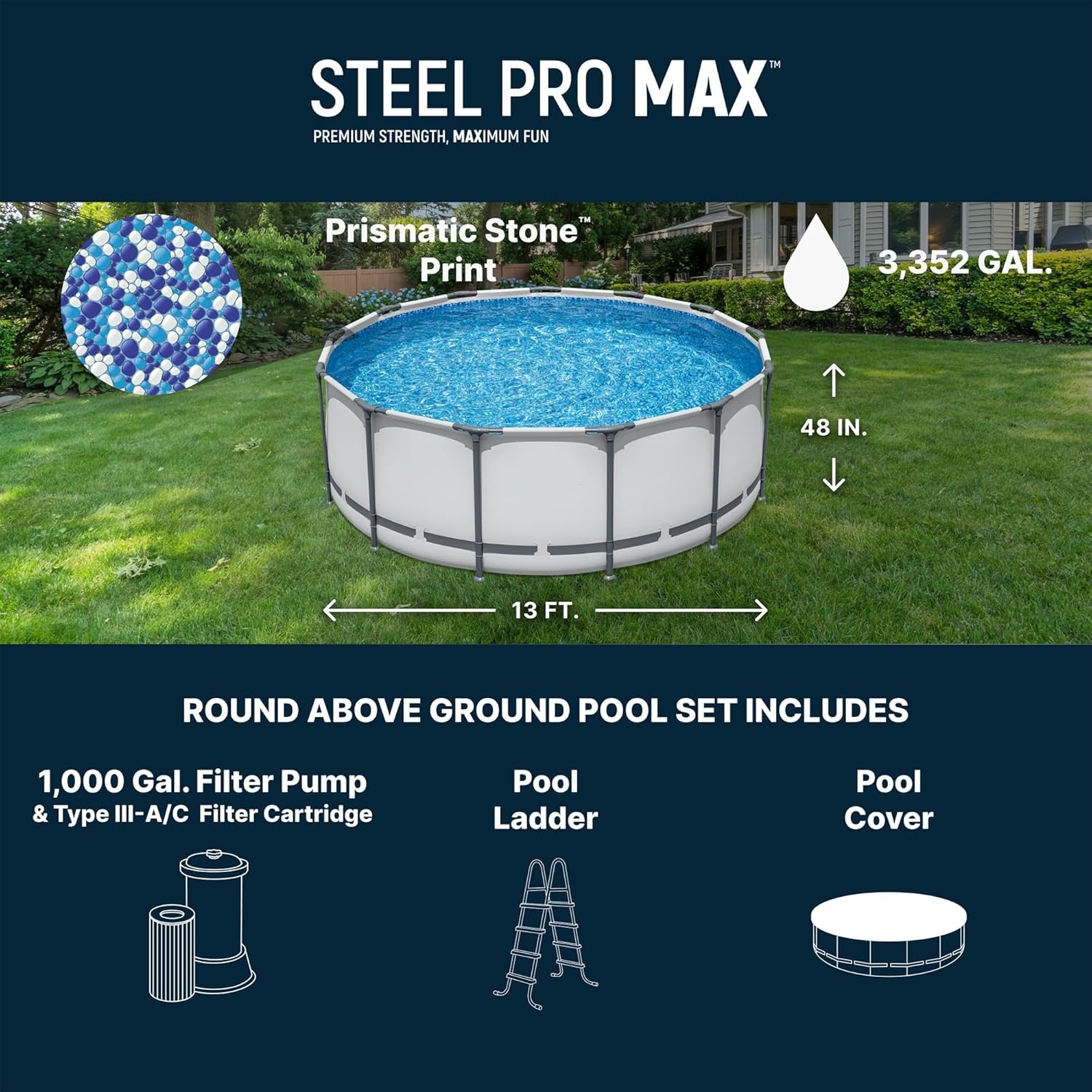 Summer Hot Seller💥Above-Ground Pool – Round Metal Frame Outdoor Pool Set (Includes Filter Pump, Ladder, and Pool Cover; Gray)