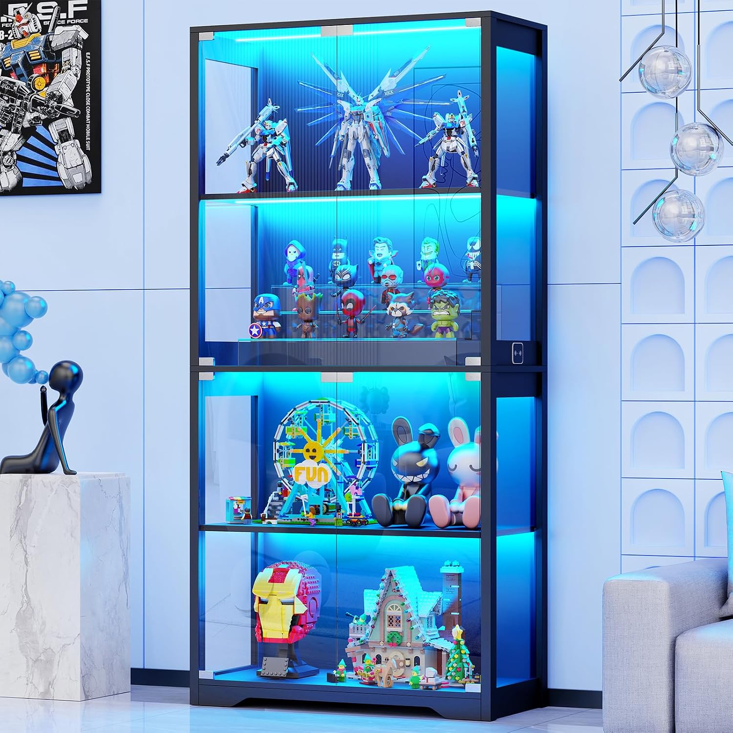 Display cabinet with 3 color collectible lights and glass doors