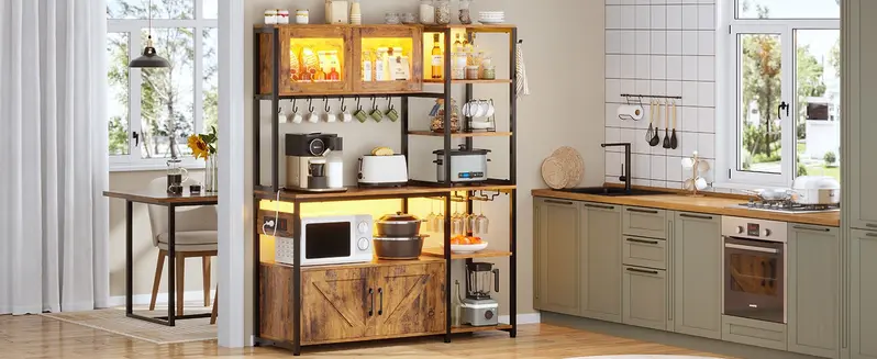 Sikaic 45.3 Inches Farmhouse Coffee Bar Bakers Rack with Power Outlet and LED Light Cabinet Kitchen with Storage Bookshelf Microwave Stand, Home Furniture Christmas Gifts [TiktokShopFallDealsForYou]
