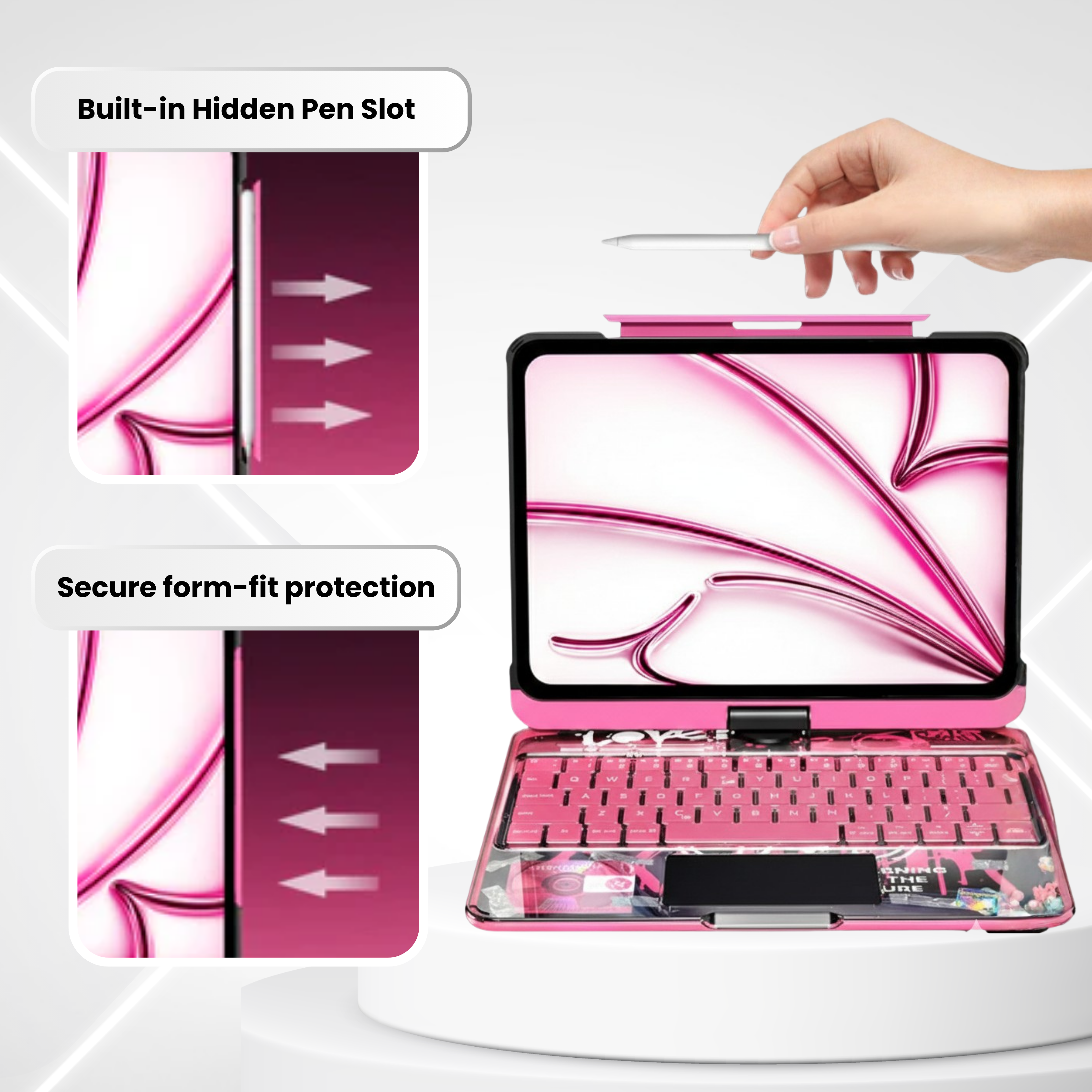 Nevcase Y2K Transparent Pink 360° Rotating iPad Keyboard Case