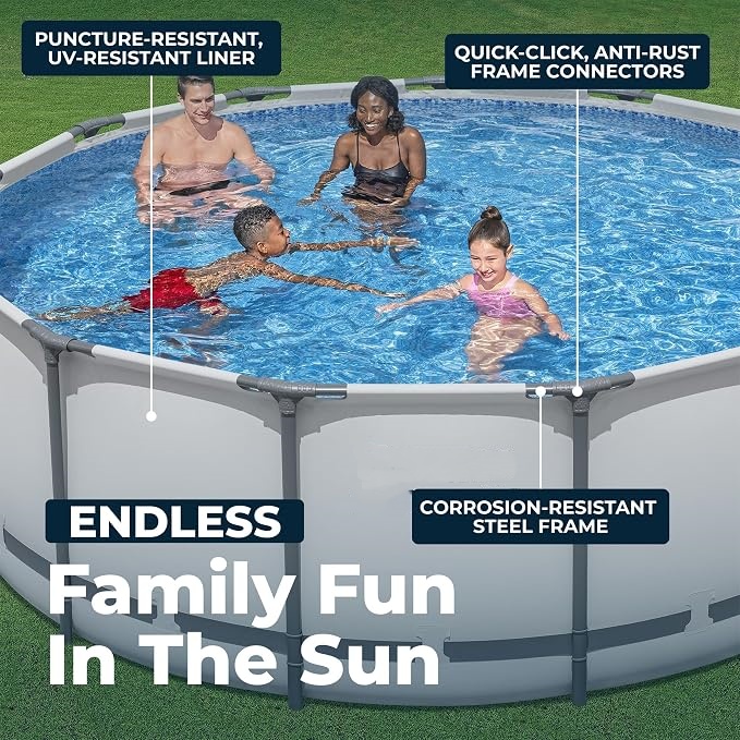 Summer Hot Seller💥Above-Ground Pool – Round Metal Frame Outdoor Pool Set (Includes Filter Pump, Ladder, and Pool Cover; Gray)