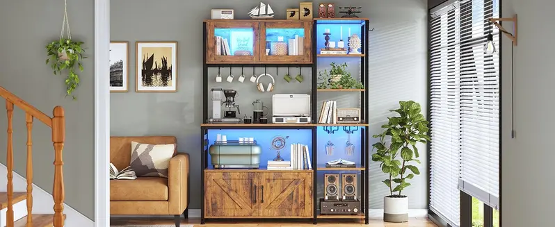 Sikaic 45.3 Inches Farmhouse Coffee Bar Bakers Rack with Power Outlet and LED Light Cabinet Kitchen with Storage Bookshelf Microwave Stand, Home Furniture Christmas Gifts [TiktokShopFallDealsForYou]