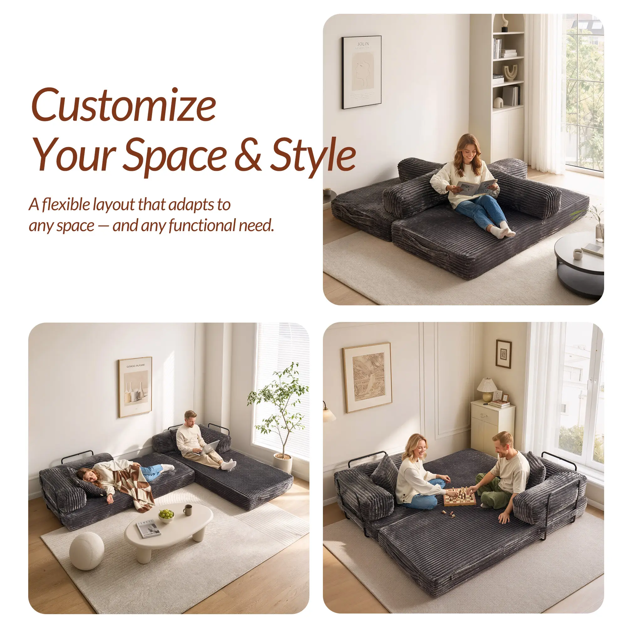 5-in-1 Convertible Sleeper Sofa Bed, 80"Oversized Boneless Couch, Foldable Pull-Out Couch for Living Room, Apartment,No Assembly Upholstered Sofa Couch