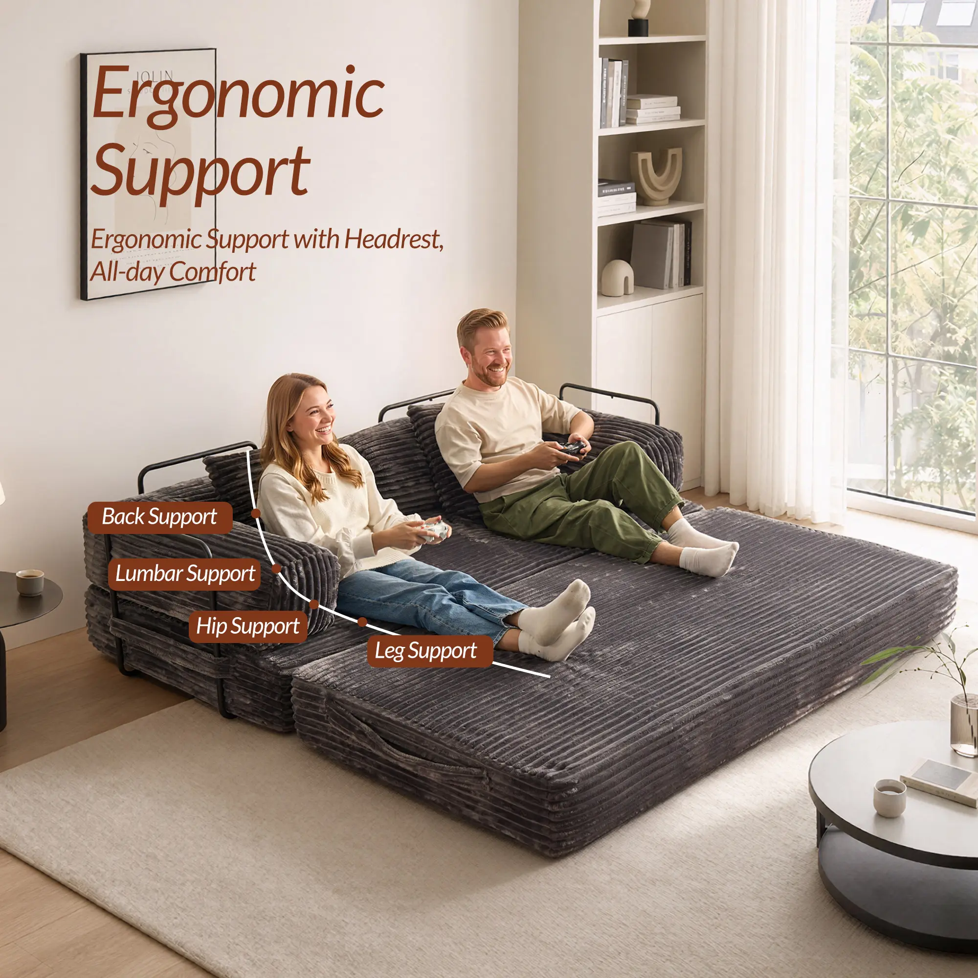 5-in-1 Convertible Sleeper Sofa Bed, 80"Oversized Boneless Couch, Foldable Pull-Out Couch for Living Room, Apartment,No Assembly Upholstered Sofa Couch