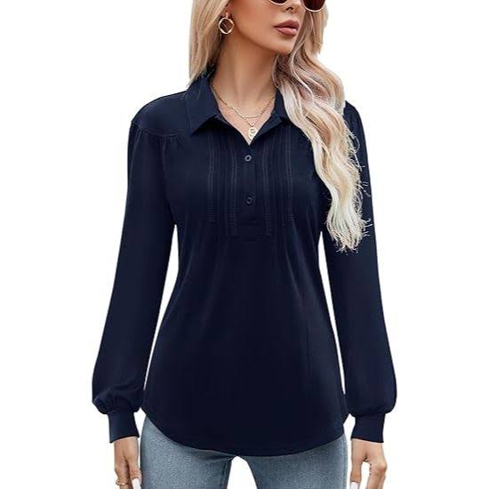 Women's V-Neck Pleated Long-Sleeve Shirt