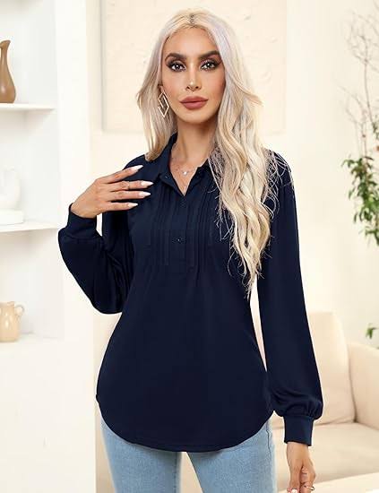 Women's V-Neck Pleated Long-Sleeve Shirt