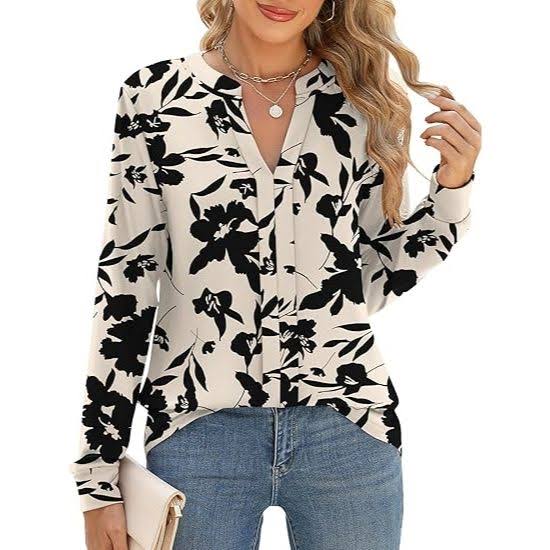 Women’s V-Neck Pleated Long Sleeve Business Casual Shirt
