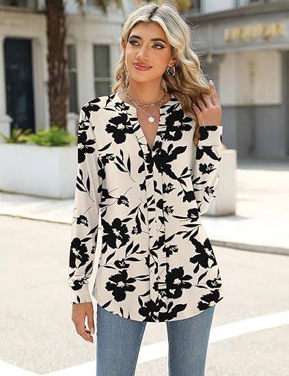 Women’s V-Neck Pleated Long Sleeve Business Casual Shirt