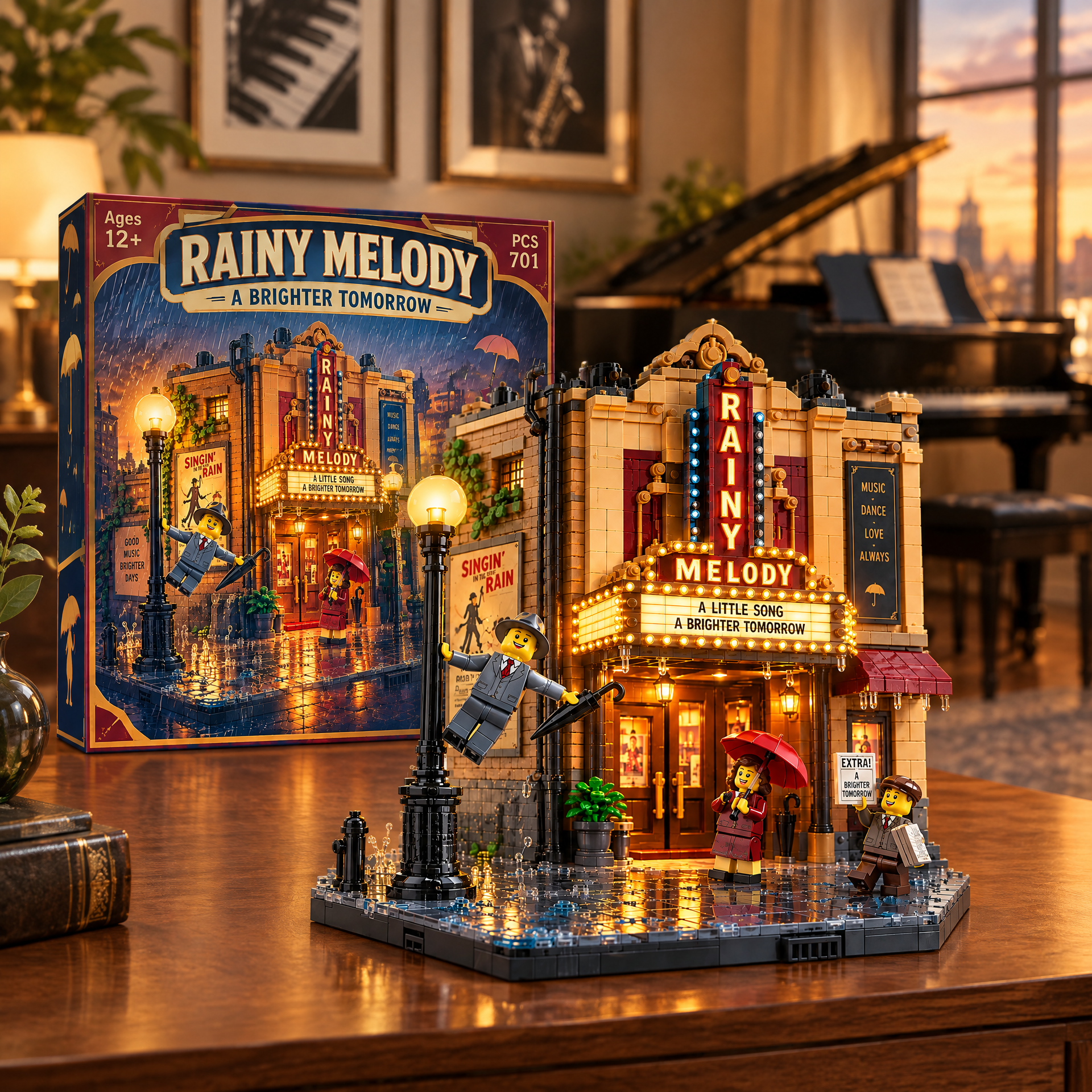 Rainy Melody: Vintage Broadway Theater & Streetlight Building Set