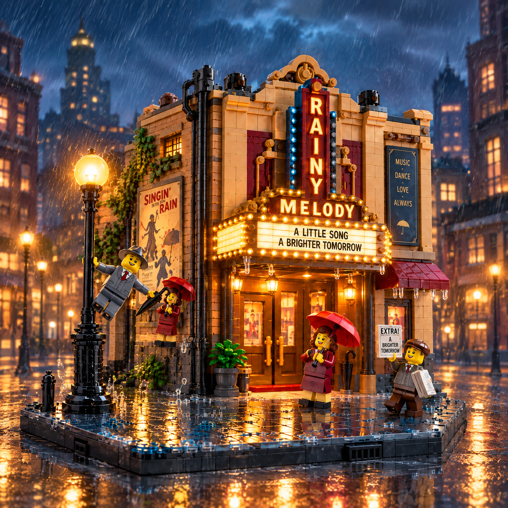 Rainy Melody: Vintage Broadway Theater & Streetlight Building Set