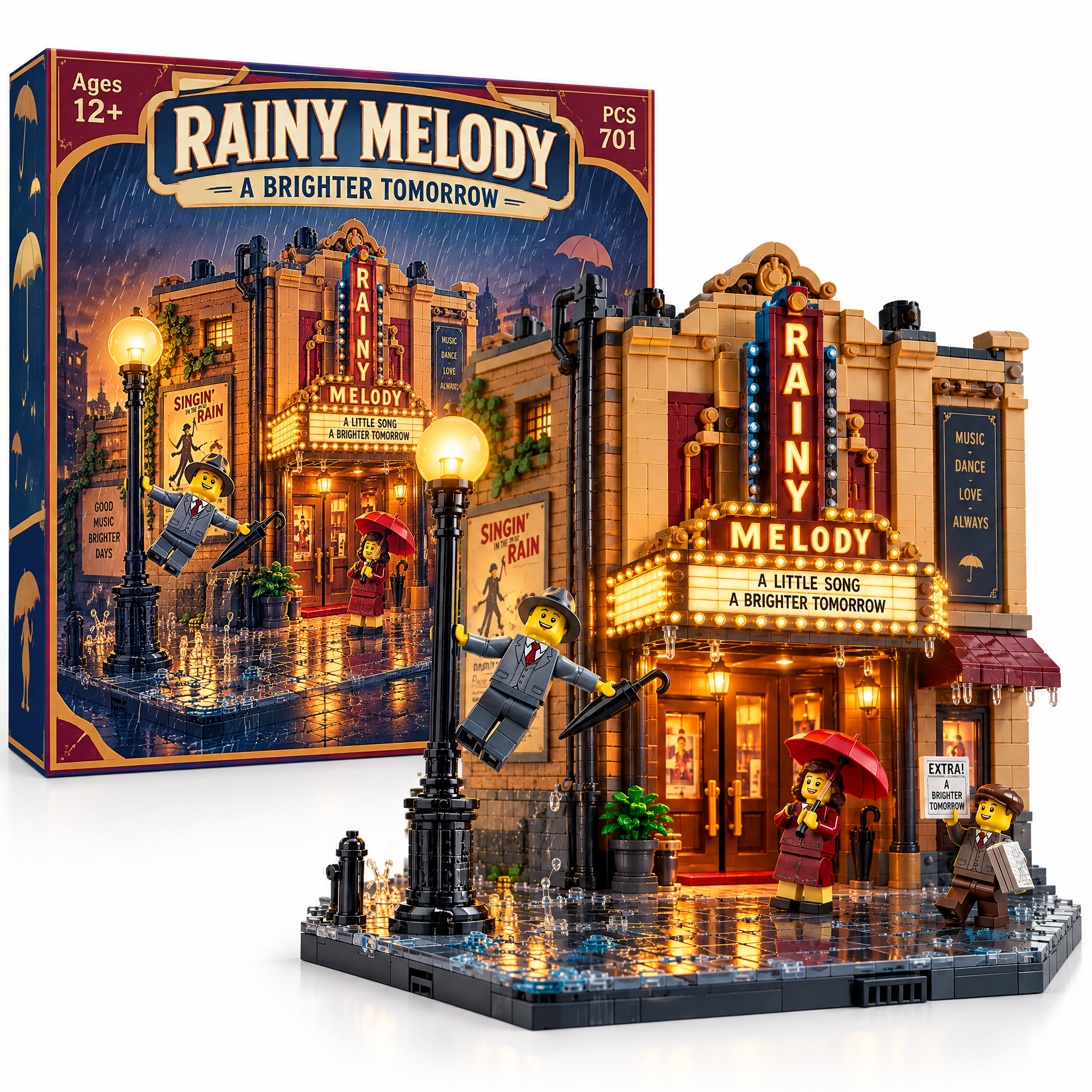 Rainy Melody: Vintage Broadway Theater & Streetlight Building Set