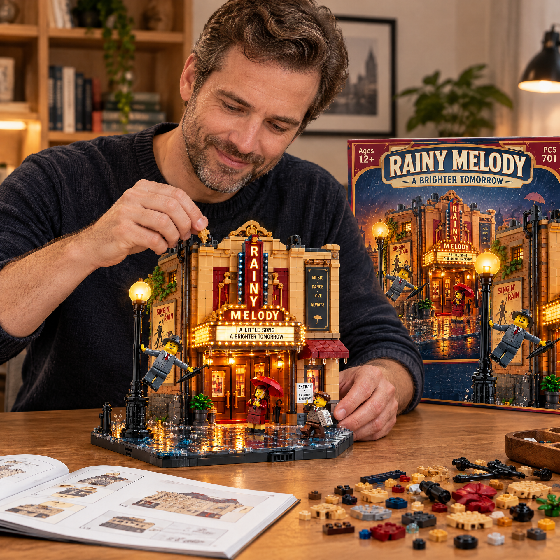 Rainy Melody: Vintage Broadway Theater & Streetlight Building Set