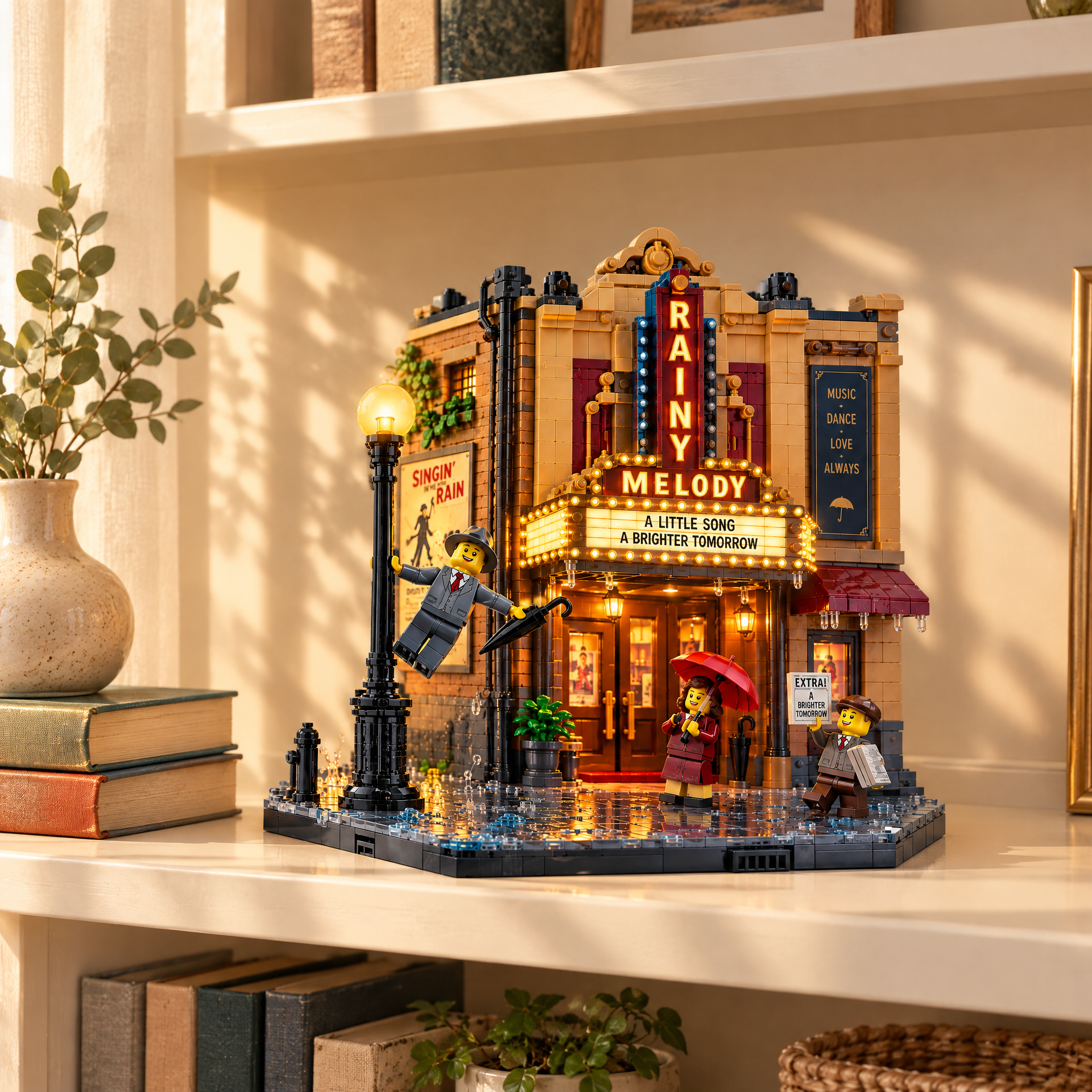 Rainy Melody: Vintage Broadway Theater & Streetlight Building Set