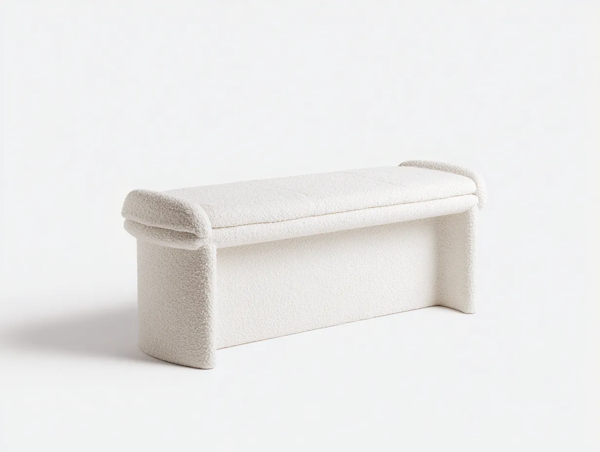 Banco tapizado en bouclé 148x44x49 cm - marfil - para dormitorio con extremos redondeados-Nonalonest