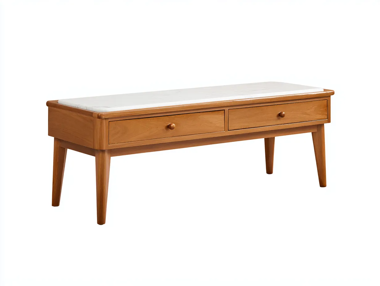 Banco de madera con cajones 152x45x50 cm - cerezo cálido y blanco crema - para dormitorio con tiradores redondos-Nonalonest