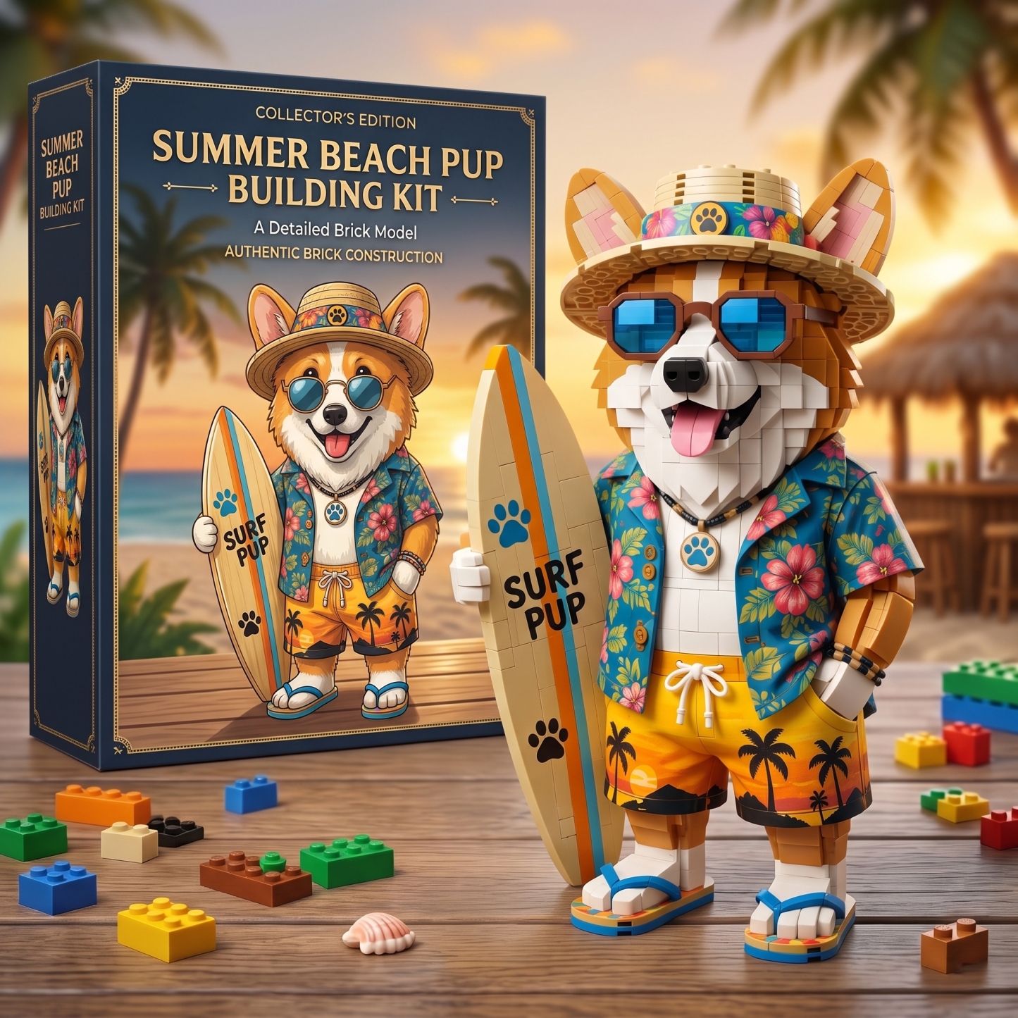 Summer Surfing Corgi Building Kit