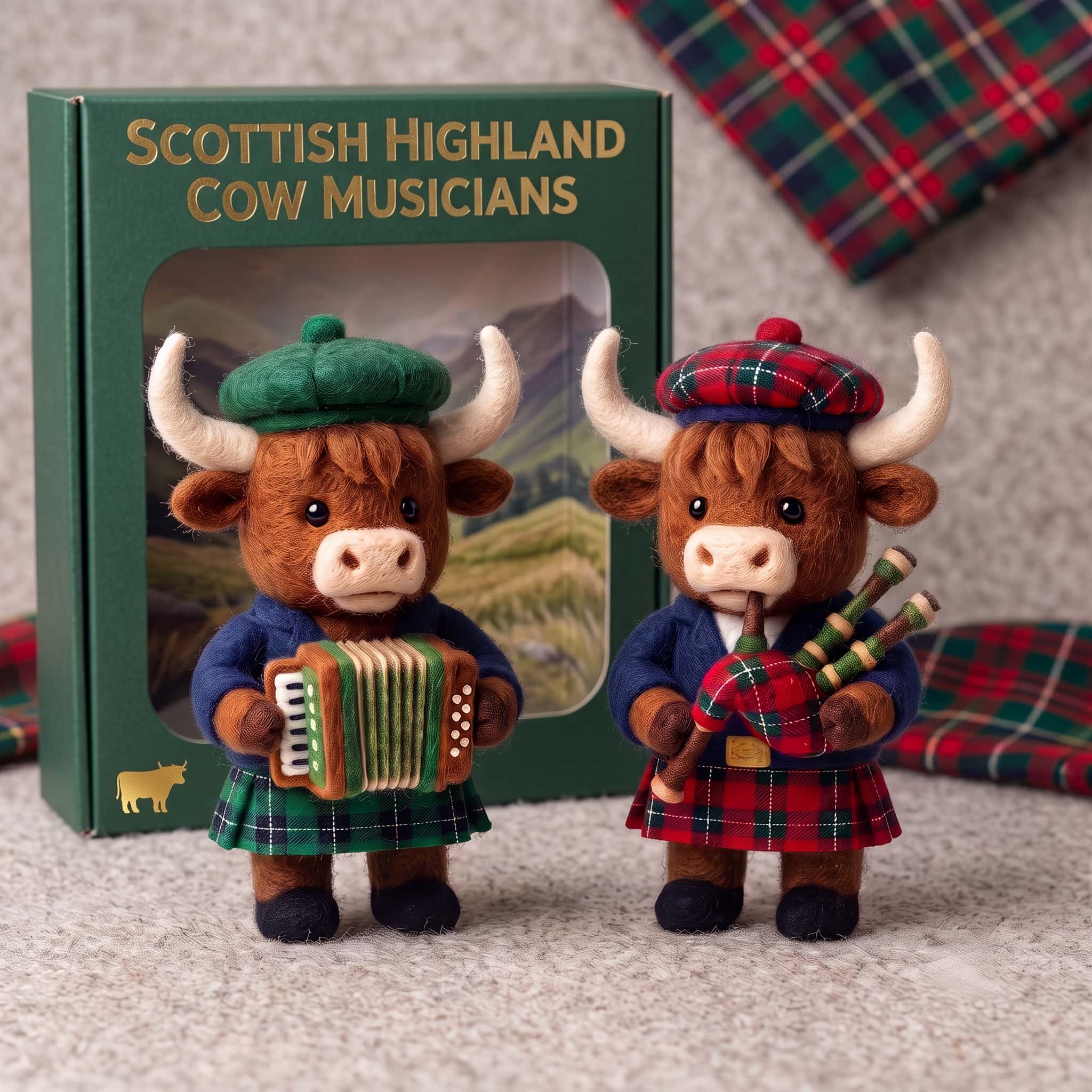 Highland cow musician felt set