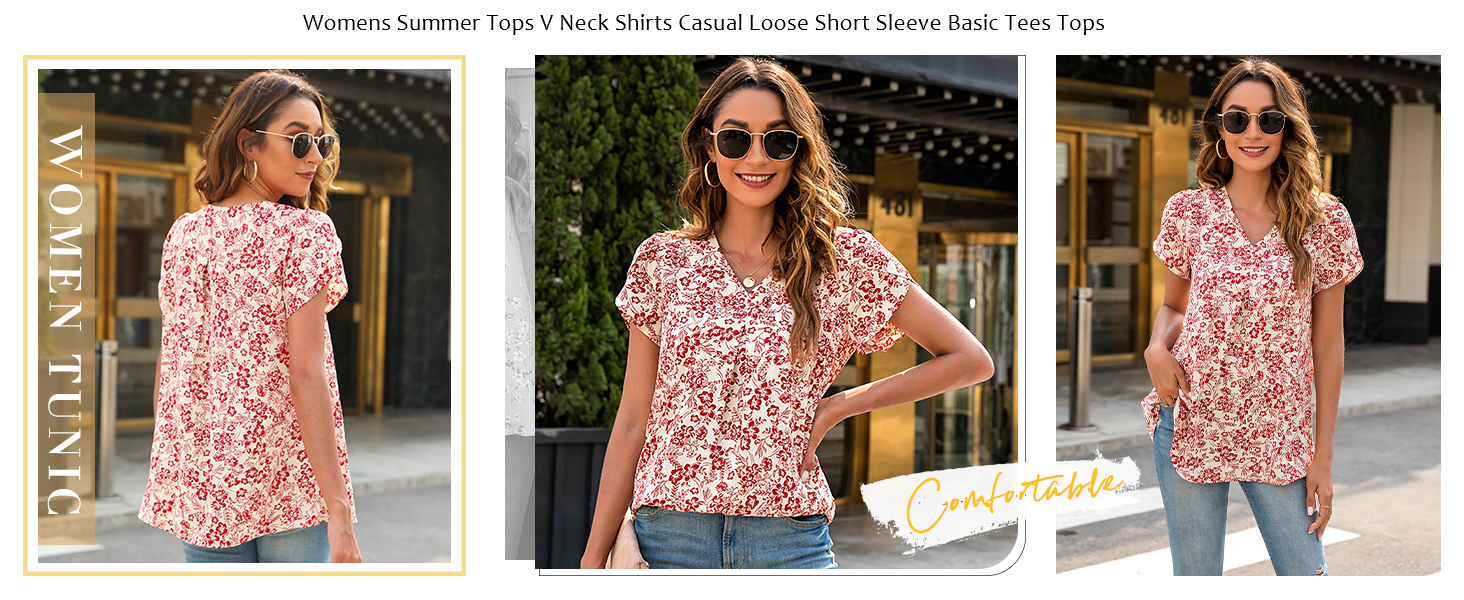 Anyally Women&amp;#39;s Summer Dressy Chiffon Blouses V Neck Short Sleeve Tunic Tops
