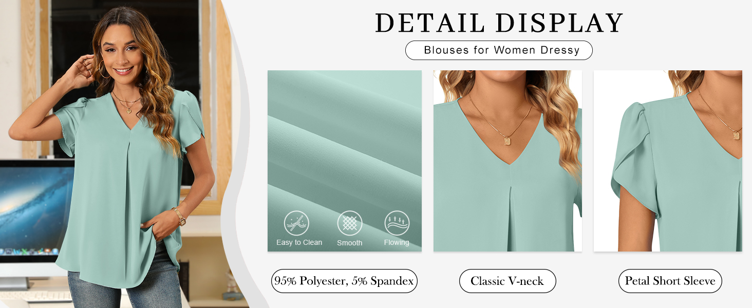 The fabric of this tulip sleeve chiffon blouse is soft, lightweight,  feels cool to touch.