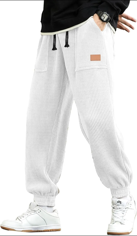 Mens Corduroy Joggers Pants Casual Cargo Pants Drawstring Elastic Waist Baggy Tapered Sweatpants with Pockets