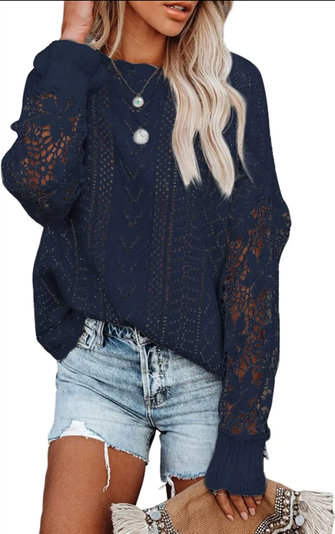 Womens Crewneck Crochet Lace Long Sleeve Hollow Out Cable Knit Sweaters Pullover Tops