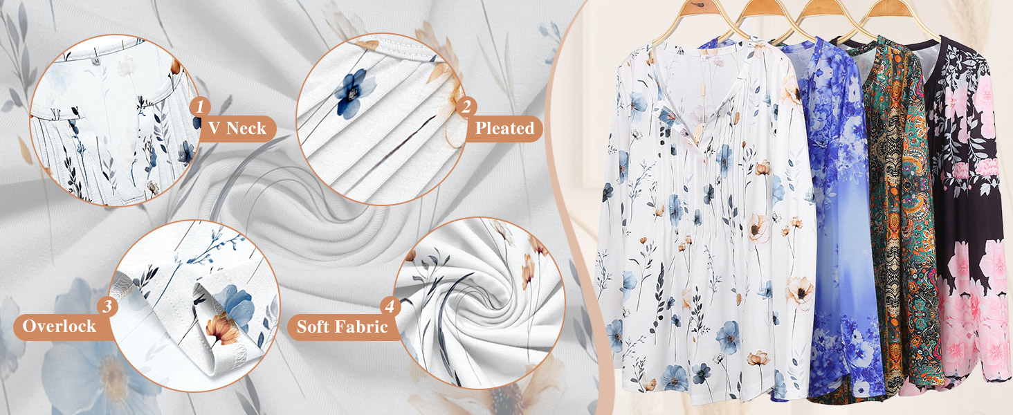 womens fall tops long sleeve shirts floral tops pleated blouses v neck tunic tops casual shirts