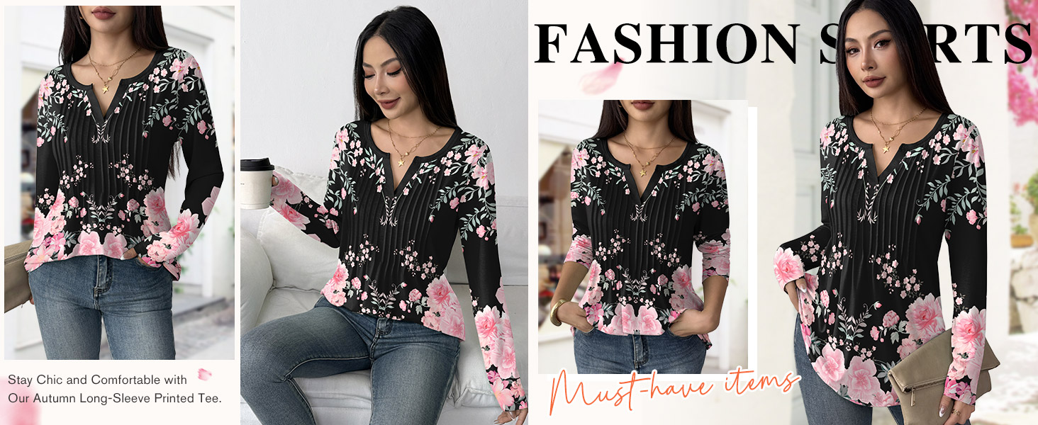 women tops floral boho shirts long sleeve pleated blouses 2025 v neck t shirts casual tunic shirts