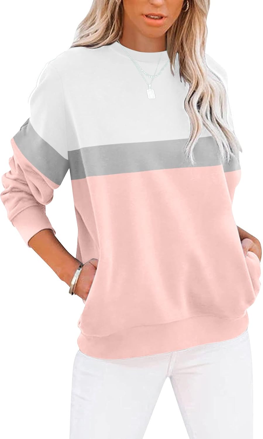 Women's Casual Long Sleeve Color Block/Solid Tops Crewneck Sweatshirts Cute Loose Fit Pullover with Pockets