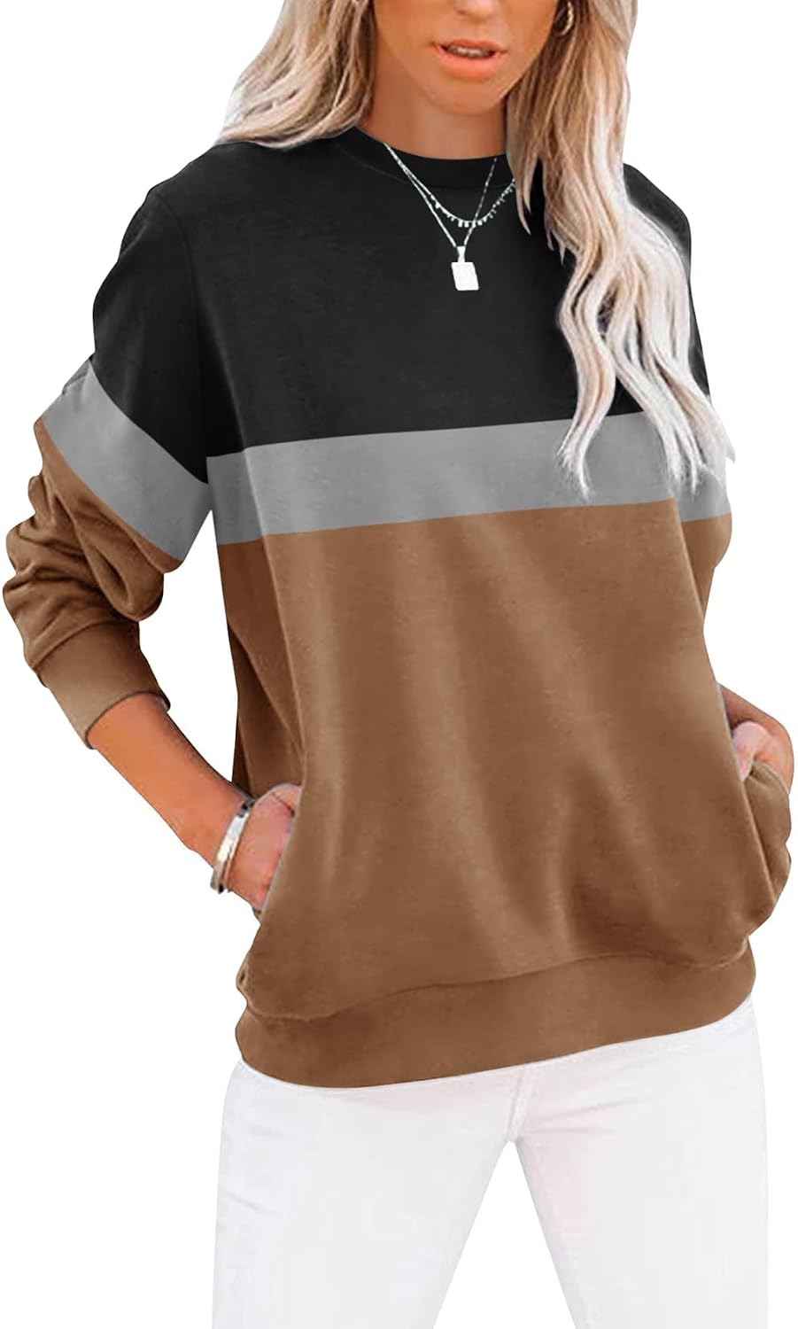 Women's Casual Long Sleeve Color Block/Solid Tops Crewneck Sweatshirts Cute Loose Fit Pullover with Pockets