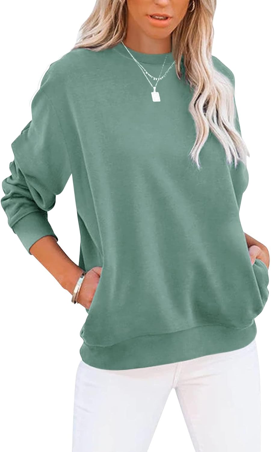 Women's Casual Long Sleeve Color Block/Solid Tops Crewneck Sweatshirts Cute Loose Fit Pullover with Pockets