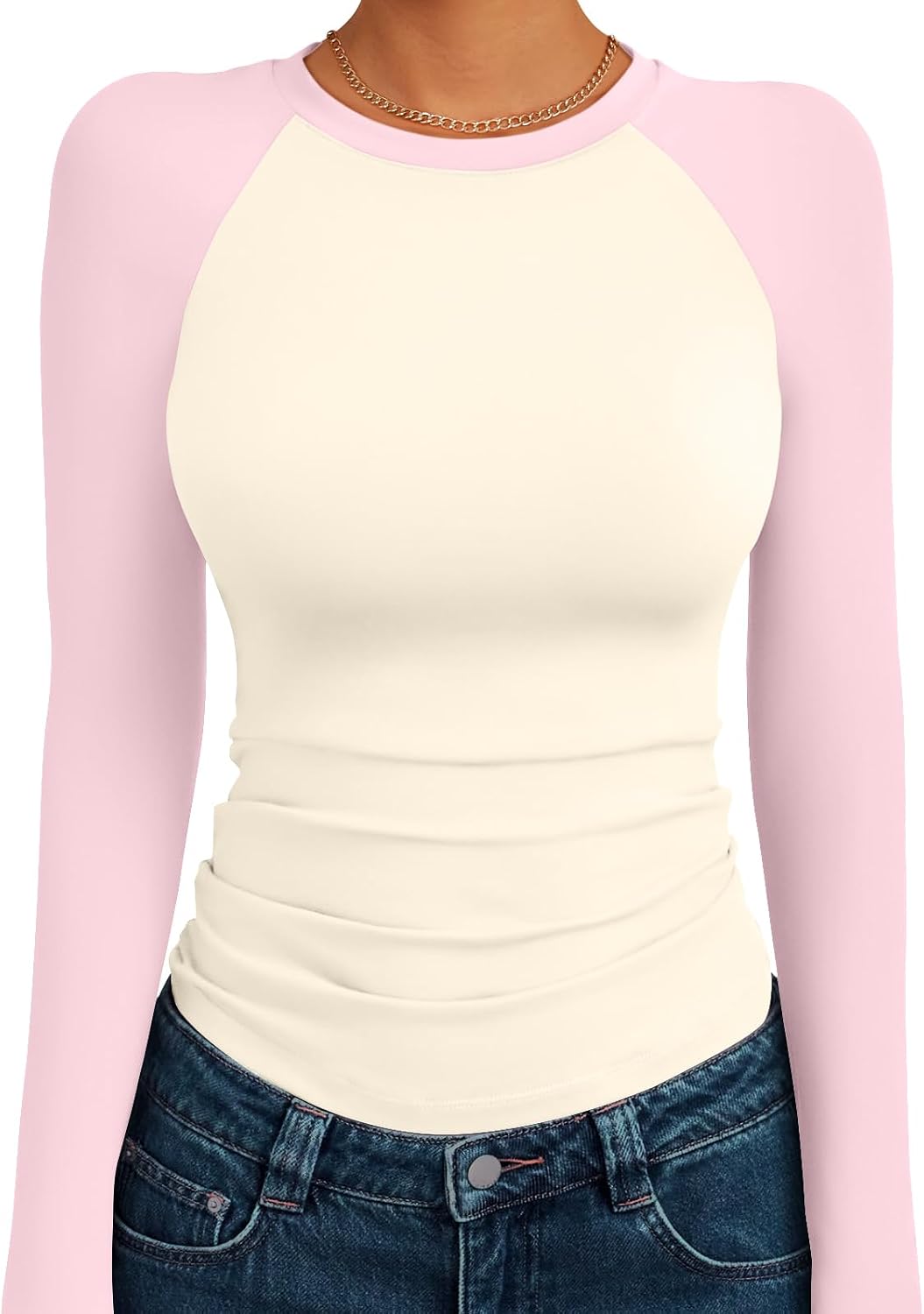 Women's Long Sleeve Shirts Slim Fit Stretchy Color Block Slightly Cropped Tops