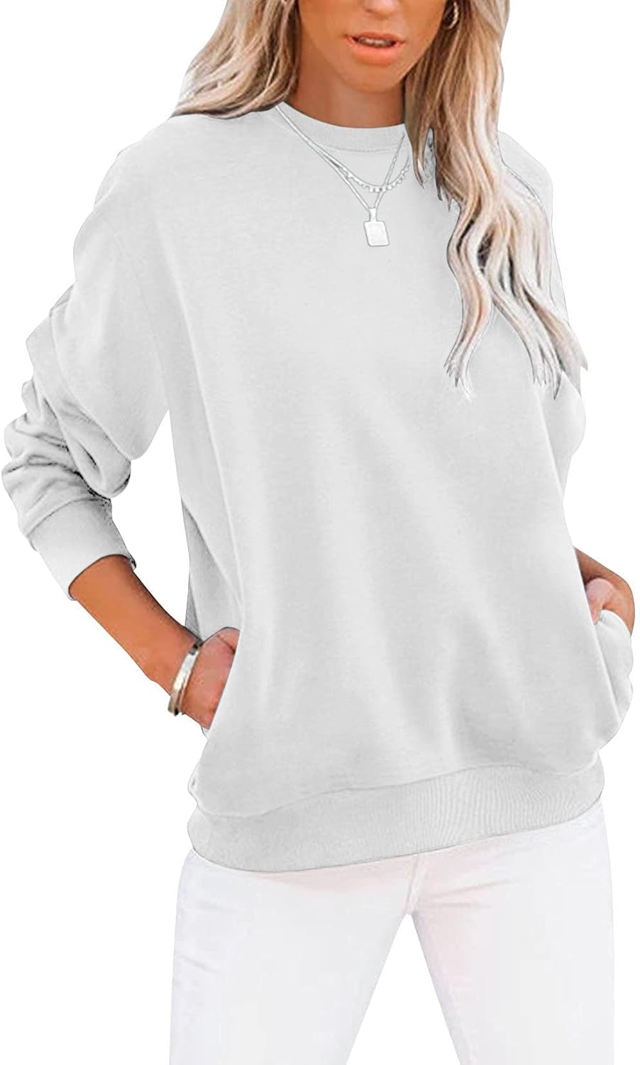 Women's Casual Long Sleeve Color Block/Solid Tops Crewneck Sweatshirts Cute Loose Fit Pullover with Pockets