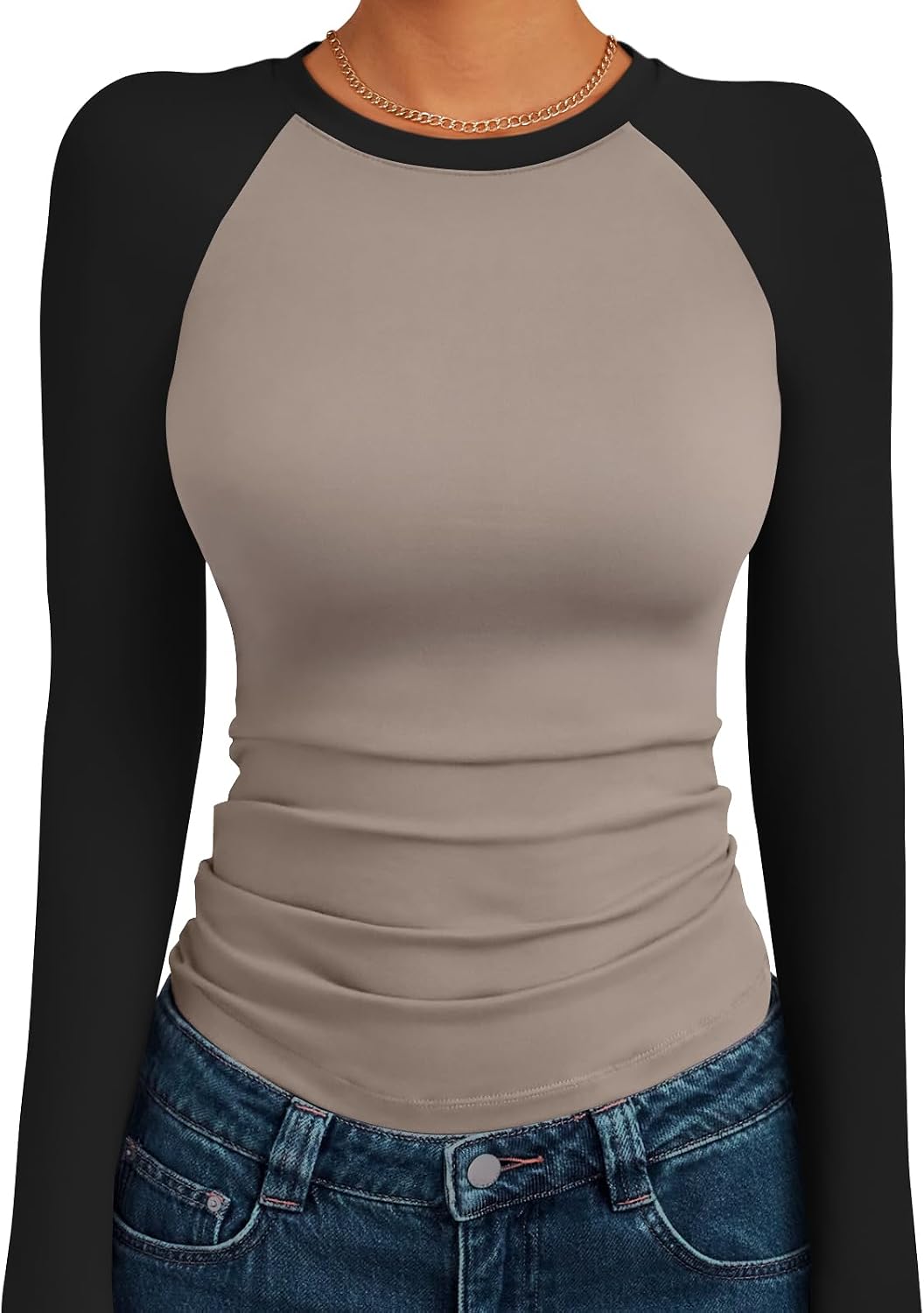 Women's Long Sleeve Shirts Slim Fit Stretchy Color Block Slightly Cropped Tops