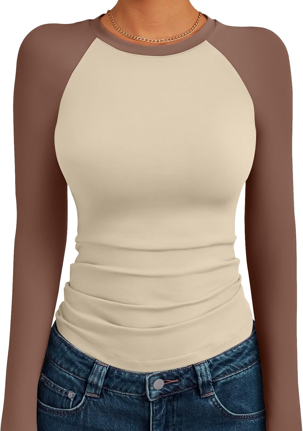 Women's Long Sleeve Shirts Slim Fit Stretchy Color Block Slightly Cropped Tops