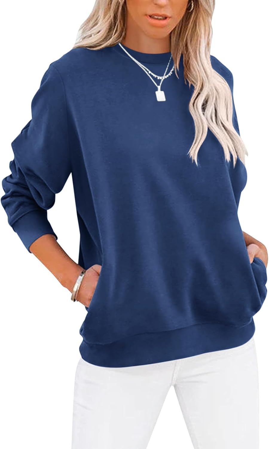 Women's Casual Long Sleeve Color Block/Solid Tops Crewneck Sweatshirts Cute Loose Fit Pullover with Pockets