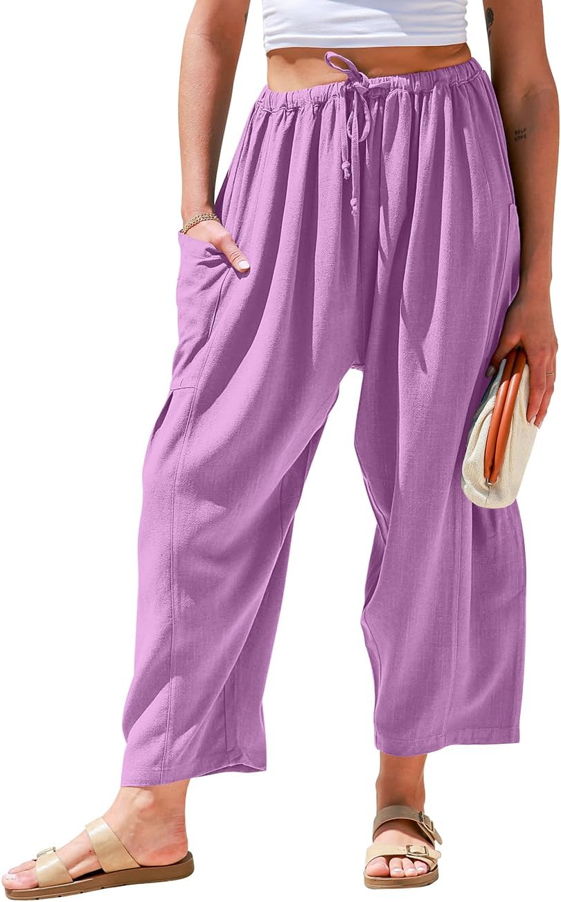 Womens Linen Wide Leg Pants Casual Loose Drawstring Summer Beach Travel Vacation Palazzo Harem Pants with Pockets