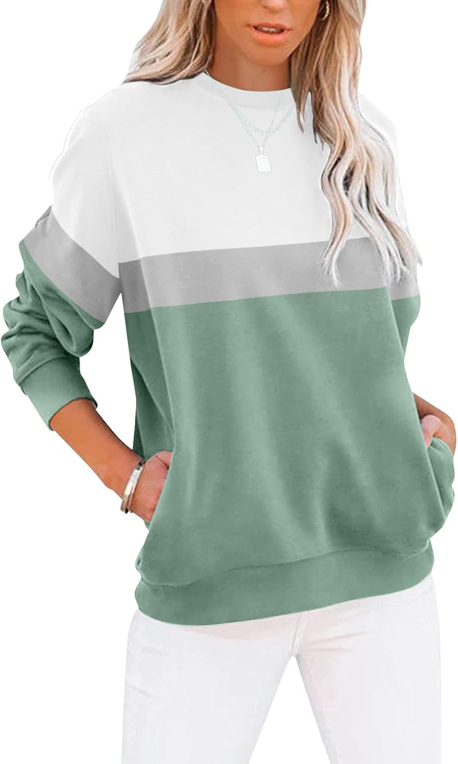 Women's Casual Long Sleeve Color Block/Solid Tops Crewneck Sweatshirts Cute Loose Fit Pullover with Pockets