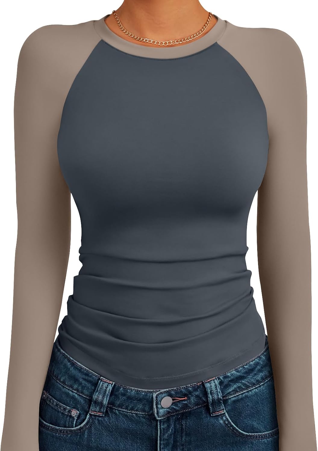 Women's Long Sleeve Shirts Slim Fit Stretchy Color Block Slightly Cropped Tops
