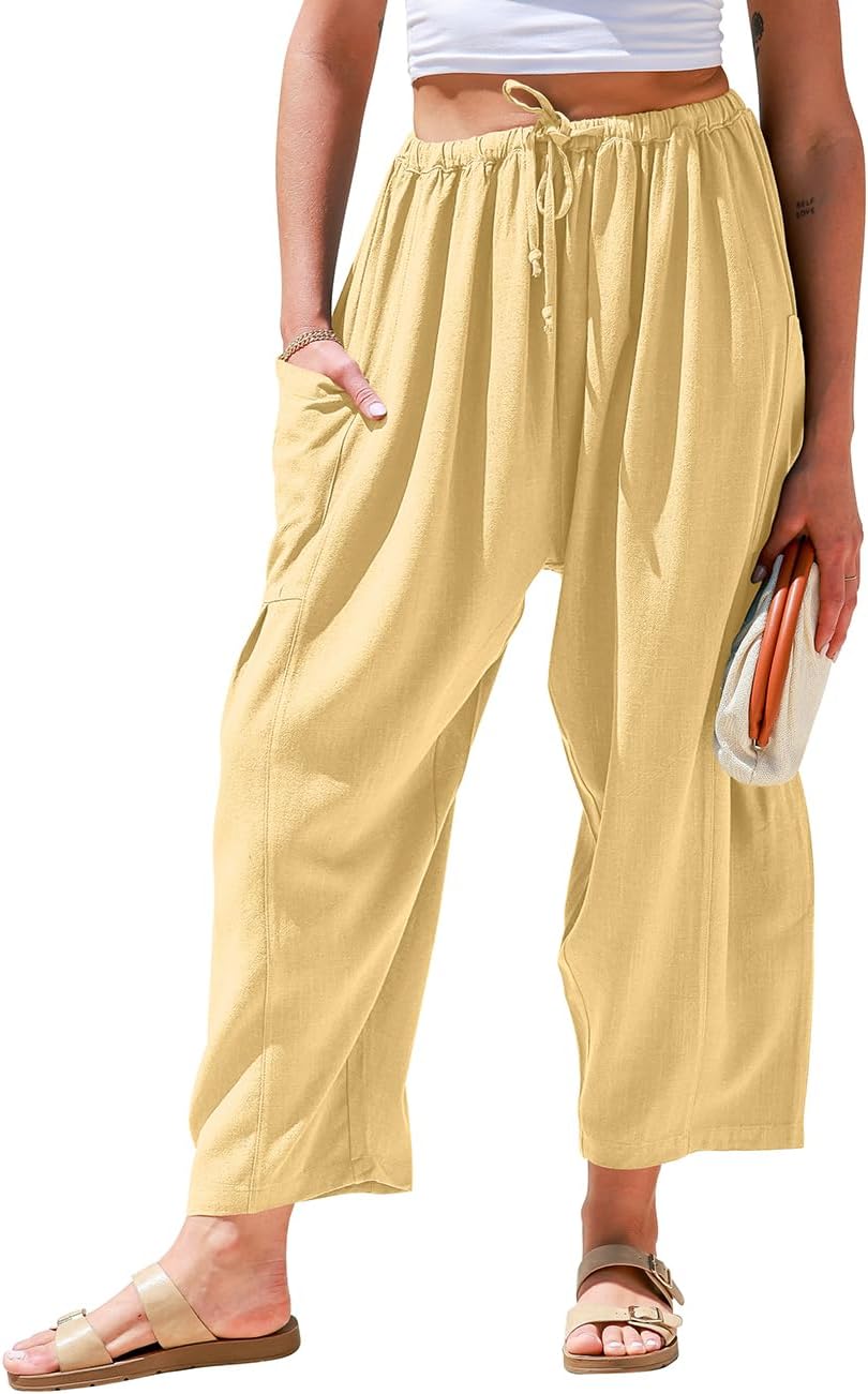 Womens Linen Wide Leg Pants Casual Loose Drawstring Summer Beach Travel Vacation Palazzo Harem Pants with Pockets