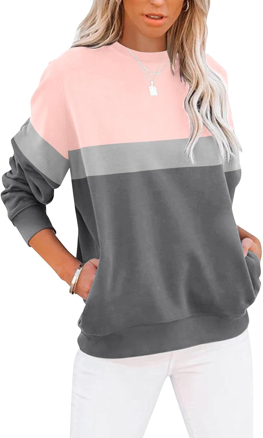 Women's Casual Long Sleeve Color Block/Solid Tops Crewneck Sweatshirts Cute Loose Fit Pullover with Pockets