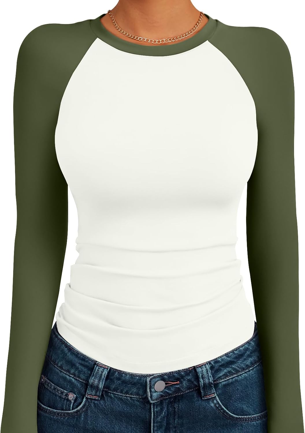 Women's Long Sleeve Shirts Slim Fit Stretchy Color Block Slightly Cropped Tops