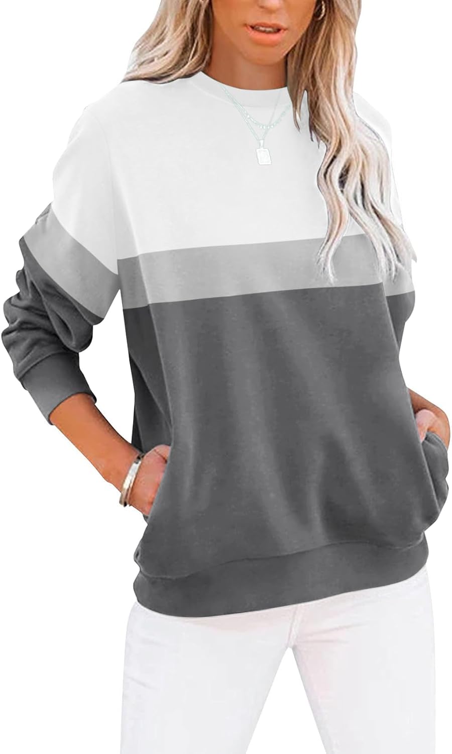 Women's Casual Long Sleeve Color Block/Solid Tops Crewneck Sweatshirts Cute Loose Fit Pullover with Pockets