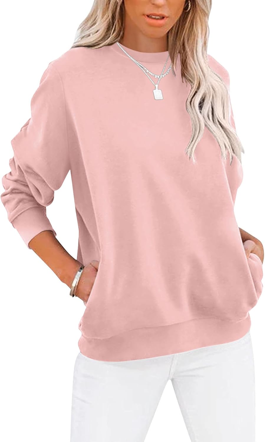 Women's Casual Long Sleeve Color Block/Solid Tops Crewneck Sweatshirts Cute Loose Fit Pullover with Pockets