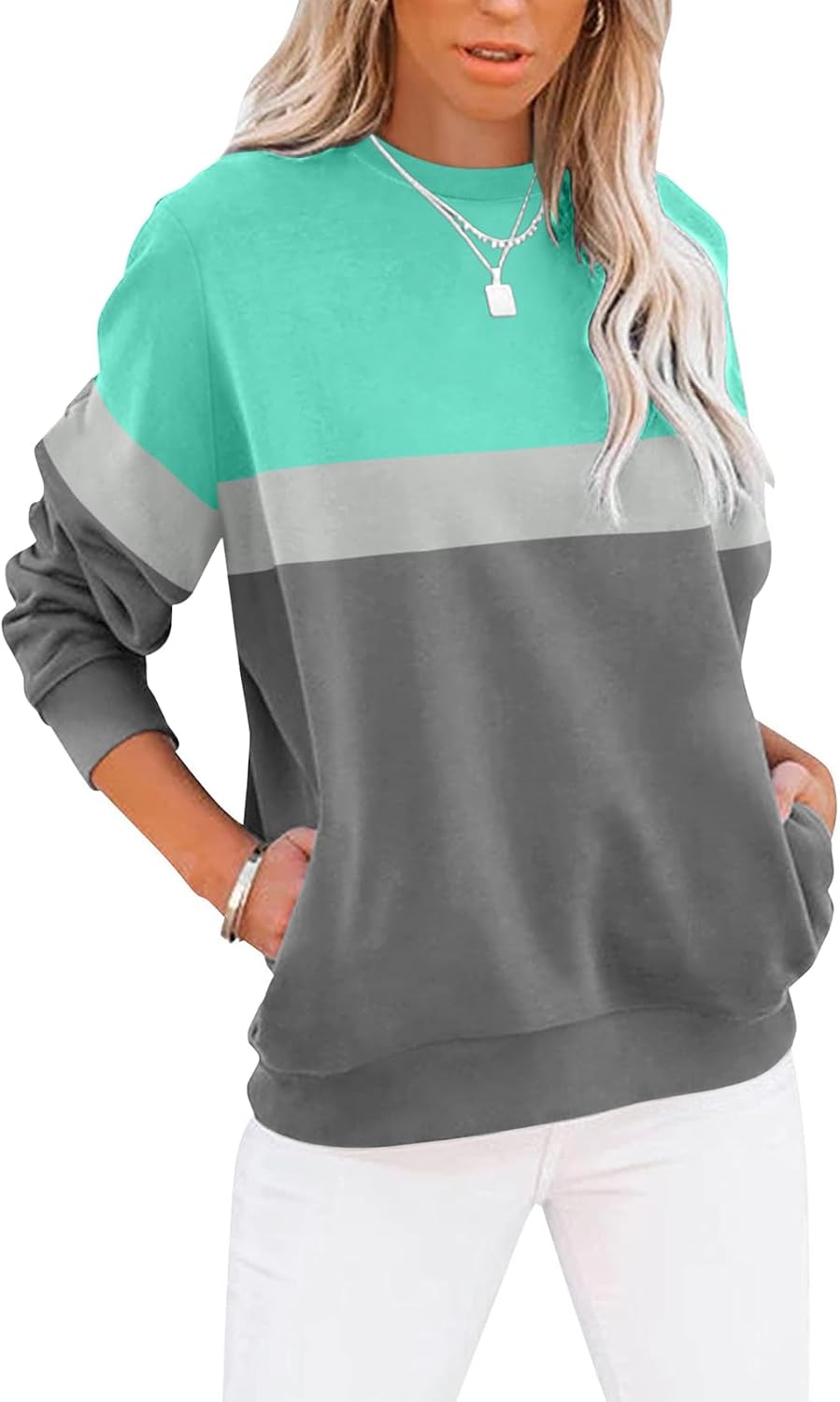 Women's Casual Long Sleeve Color Block/Solid Tops Crewneck Sweatshirts Cute Loose Fit Pullover with Pockets