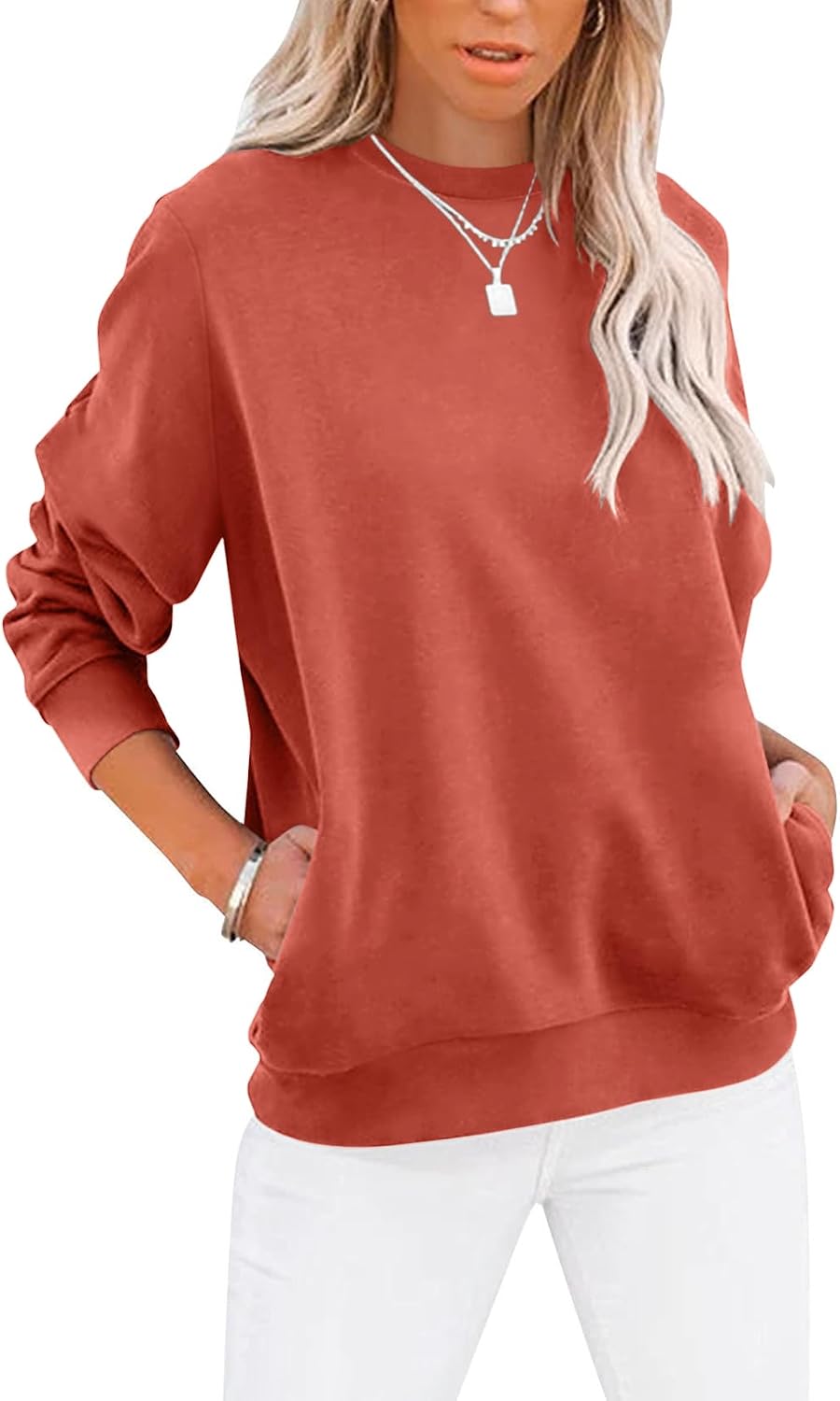 Women's Casual Long Sleeve Color Block/Solid Tops Crewneck Sweatshirts Cute Loose Fit Pullover with Pockets