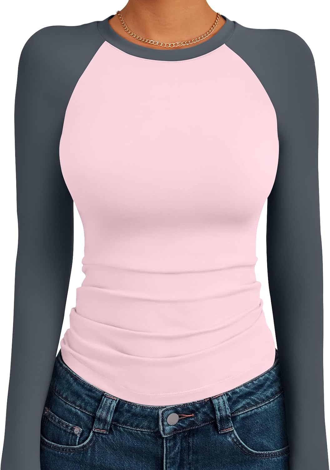 Women's Long Sleeve Shirts Slim Fit Stretchy Color Block Slightly Cropped Tops